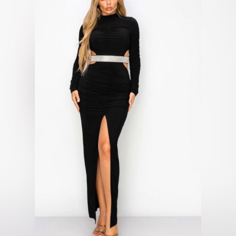 Black and White Long Sleeve Bodycon Dress with Slit